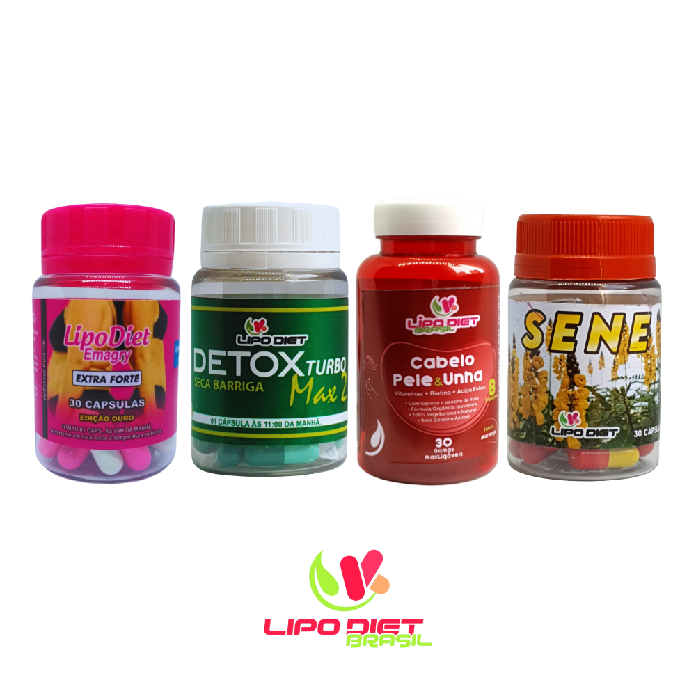 COMBO: LIPODIET EXTRA FORTE CAPS ROSA C/ BRANCO + DETOX TURBO MAX 2 + SENE + COLÁGENO LIPODIET EM GOMAS