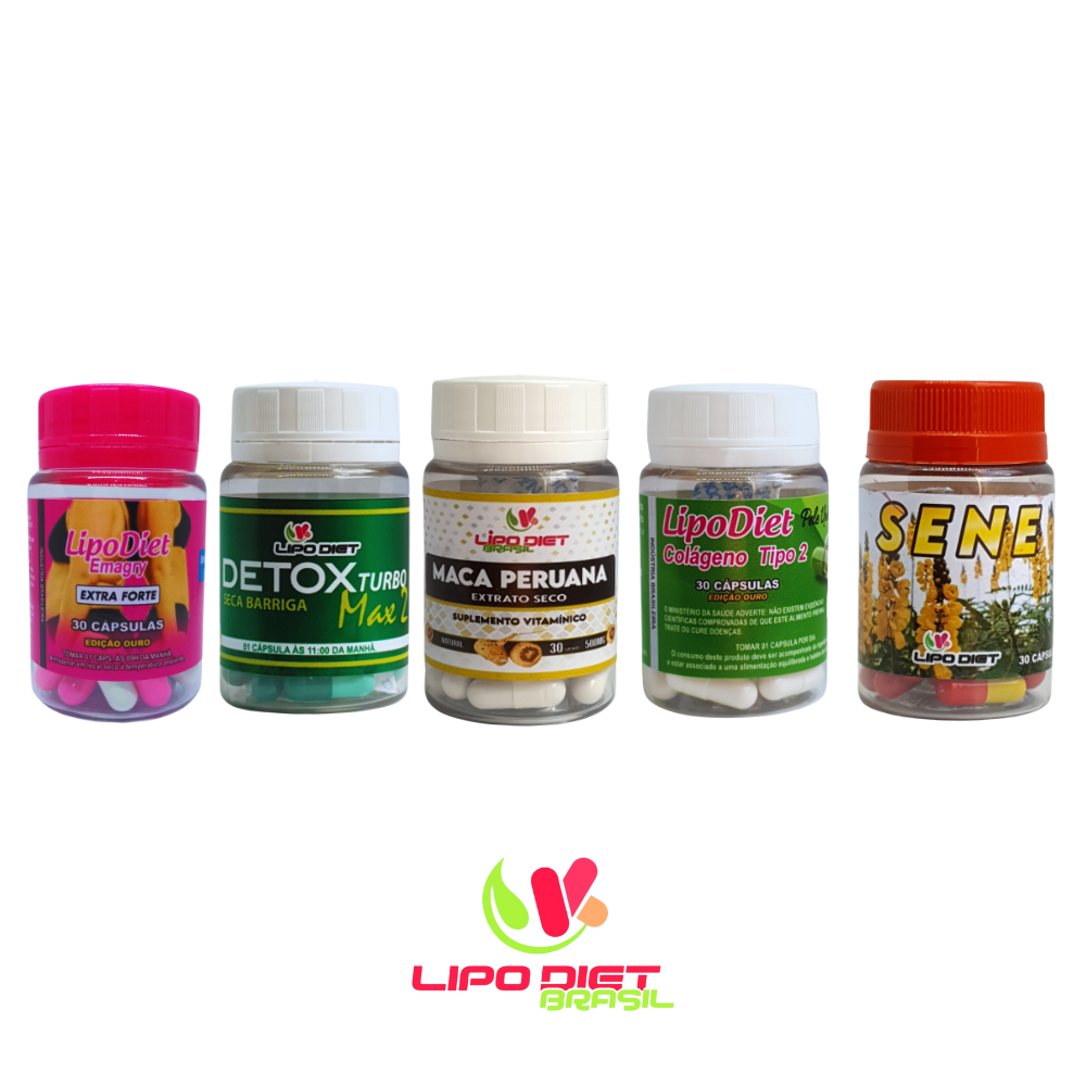 COMBO: LIPODIET CÁPSULA ROSA C/ BRANCO + DETOX TURBO MAX 2 + MACA PERUANA +SENE LIPODIET + COLÁGENO TIPO 2